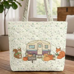 Personalized Vintage Camper Trailer Autumn Scene - Fall Everyday Carry Gift Quilted Tote Bag