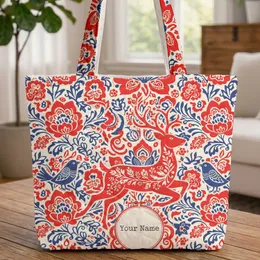 Red Deer Blue Birds Flowers Leaves Berries - Personalized Wildlife Lover Gift Quilted Tote Bag