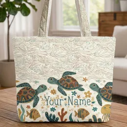 Sea Turtles Ocean Currents Bubbles Flowers Everyday Tote Travel Essentials Market Day Gift Quilted Tote Bag