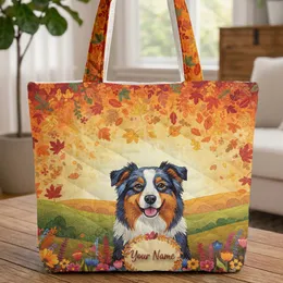 Australian Shepherd Wildflowers Autumn Leaves - Everyday Carry Dog Lover Gift Quilted Tote Bag