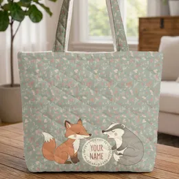 Forest Fox Badger Leaves Berries Floral Medallion Everyday Carry Gift Quilted Tote Bag