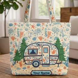 Vintage Camper Trailer Seashells Starfish Beach - Travel Essentials Gift for Camper Lover Quilted Tote Bag