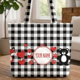 Red Hearts Paw Prints Compact Frame Black White Buffalo Check - Everyday Carry Gift for Pet Lover Quilted Tote Bag
