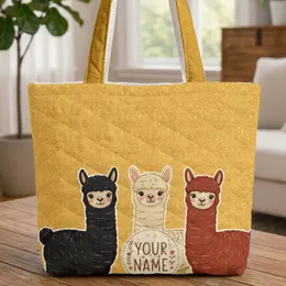 Three Alpacas Floral Leaves Stars - Alpaca Lover Everyday Carry Gift Quilted Tote Bag