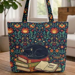 Black Cat Books Sleeping Folk Art Botanicals - Everyday Carry Bookworm Gift Quilted Tote Bag