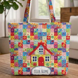 Personalized Name Patchwork House Buttons Fabric Squares - Everyday Carry Gift Quilted Tote Bag
