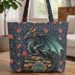 Black Dragon Antique Books Botanical Flowers - Everyday Carry Dragon Book Lover Gift Quilted Tote Bag