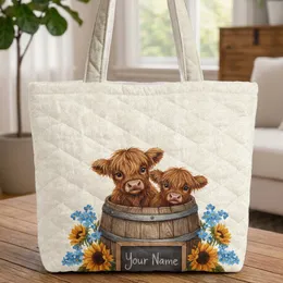 Highland Calves Sunflowers Floral Sprigs Barrel - Everyday Carry Gift for Cow Lover Quilted Tote Bag