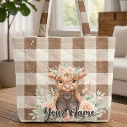 Highland Calf Floral Wreath Personalized - Everyday Carry Gift for Cow Lover Quilted Tote Bag