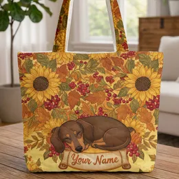 Sleeping Dachshund Sunflowers Autumn Leaves - Everyday Carry Gift for Dachshund Lover Quilted Tote Bag