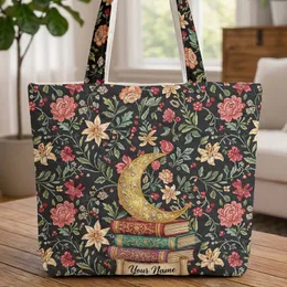 Golden Crescent Moon Books Botanical Flowers Name Scroll - Everyday Carry Gift Quilted Tote Bag