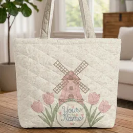 Windmill Tulips Name Hoop Botanical Sprigs Everyday Carry Gift Quilted Tote Bag