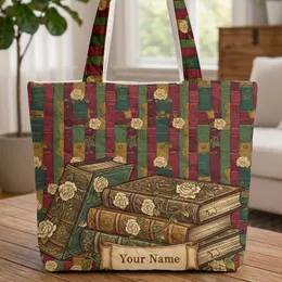 Vintage Book Spines Roses Personalized Name Scroll - Everyday Carry Gift for Readers Quilted Tote Bag