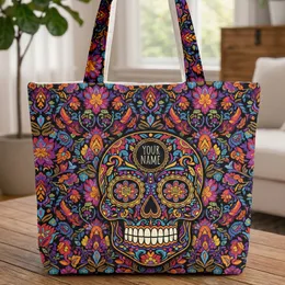 Calavera Folk Art Floral Leaf Day of the Dead Everyday Travel Gift Quilted Tote Bag