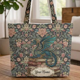 Mythical Ornate Dragon Antique Books Botanical Florals Everyday Carry Gift Quilted Tote Bag