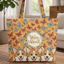 Three Corgi Dogs Butterfly Floral Wreath Personalized - Everyday Carry Gift for Corgi Lovers Quilted Tote Bag