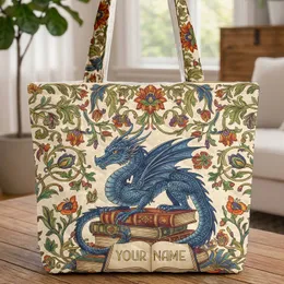 Ornate Blue Dragon Ancient Books Golden Filigree Botanical Personalized Travel Essentials Book Lover Gift Quilted Tote Bag