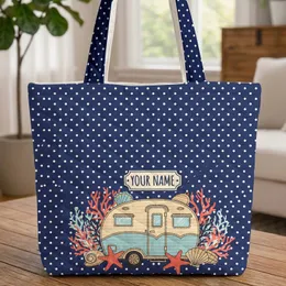 Vintage Travel Trailer Starfish Seashells Travel Essentials Gift for Camper Lover Quilted Tote Bag