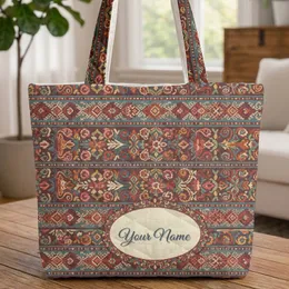 Folk Art Tapestry Botanical Florals Geometric Diamonds Cartouche - Everyday Carry Gift Quilted Tote Bag
