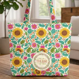 Folk Art Stylized Sunflower Daisy Name Wreath Botanical Garden Everyday Carry Gift Quilted Tote Bag