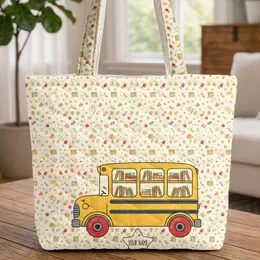 School Bus Bookshelf Name Plate - Back to School Teacher Student Gift Quilted Tote Bag