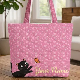 Black Kitten Orange Butterfly Pink Blossoms - Everyday Carry Travel Gift for Cat Lovers Quilted Tote Bag