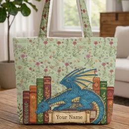 Blue Dragon Stacked Books Wildflower Personalized - Book Lover Everyday Carry Gift Quilted Tote Bag