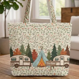 Vintage Travel Trailer Campfire Tent Pine Autumn - Travel Essentials Camping Lover Quilted Tote Bag