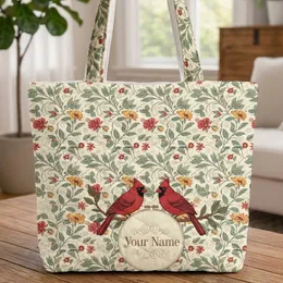 Red Cardinal Folk Art Floral Branch Hoop – Wildlife Lover Everyday Carry Gift Quilted Tote Bag
