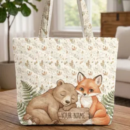 Brown Bear Cub Red Fox Kit Autumn Leaves Woodland - Everyday Carry Gift Quilted Tote Bag