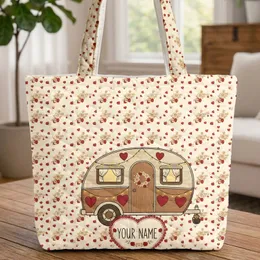 Vintage Camper Van Rose Garlands String Lights Red Hearts - Travel Essentials Gift for Camper Lover Quilted Tote Bag