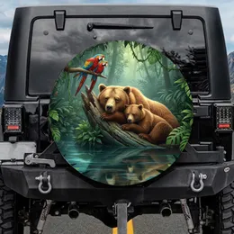 Brown Bears Cub Macaws Tropical Jungle Forest Water Scene - Outdoor Adventure Lover Gift Spare Tire Cover