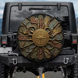 Golden Medallion Compass Rose Greek Key Serpentine Vines Ancient Symbols - History Lover Gift Spare Tire Cover