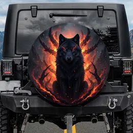 Black Wolf Glowing Red Eyes Fiery Tendrils Jagged Horns Dark Fantasy - Wildlife Lover Gift Spare Tire Cover