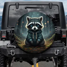 Fluffy Baby Raccoon In Dark Teal Hoodie Blue Eyes - Rustic Nocturnal Forest Wildlife Lover Gift Spare Tire Cover