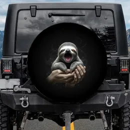 Deep Black Background Light Gray Fur Baby Sloth Yawning in Human Hands - Wildlife Lover Gift Spare Tire Cover