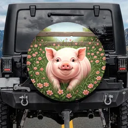 Cute Baby Pig Smiling - Green Grass Pink Flowers Farmhouse Decor for Pig Lover Spare Tire Cover