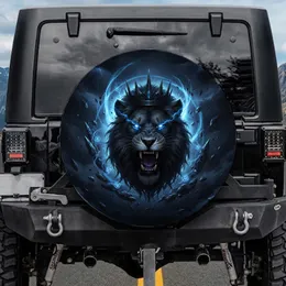 Ferocious Roaring Dark Lion Head with Crown, Electric Blue Eyes - Adventure Enthusiast Gift Spare Tire Cover