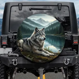 Majestic Gray Wolf Pine Forest Alpine Lake Mountain Peaks Landscape - Wildlife Lover Gift Spare Tire Cover