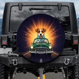 Cheerful Cartoon Jack Russell Dog Driving Green Vintage 1950s Car - Dog Lover Gift Spare Tire Cover