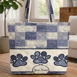 Embroidered Paw Prints Chalk Handwriting Name Pet Lover Everyday Carry Quilted Tote Bag