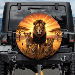 African Lion Family Vibrant Sunset Savanna Landscape - Wildlife Lover Gift Spare Tire Cover