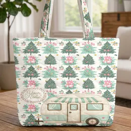 Camper Trailer Evergreen Trees Floral Wreath - Travel Adventure Everyday Carry Gift Quilted Tote Bag