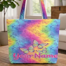 Colorful Fuchsia Purple Blue Yellow Green Butterflies Personalized Name Everyday Carry Gift Quilted Tote Bag