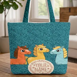 Leafy Vines Cartoon Horses Floral Wreath - Everyday Carry for Horse Lover Quilted Tote Bag