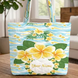 Tropical Plumeria Flower Wreath Ocean Waves Beach - Everyday Carry Gift Quilted Tote Bag