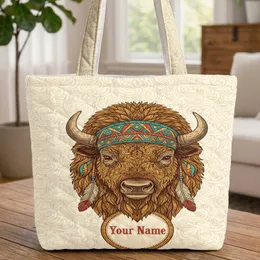 Personalized Bison Head Turquoise Headpiece Feathers - Wildlife Lover Everyday Carry Gift Quilted Tote Bag