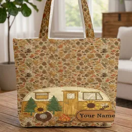 Vintage Camper Van Pine Sunflowers Autumn Leaves Acorns Wooden Sign - Travel Gift Quilted Tote Bag