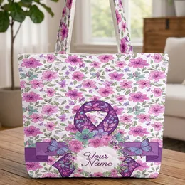 Ornate Deep Purple Awareness Ribbon Floral Blossoms Butterflies Personalized Gift Quilted Tote Bag