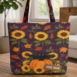 Glowing Eyed Black Bat Pumpkin Sunflowers Autumn Foliage - Halloween Lover Gift Quilted Tote Bag
